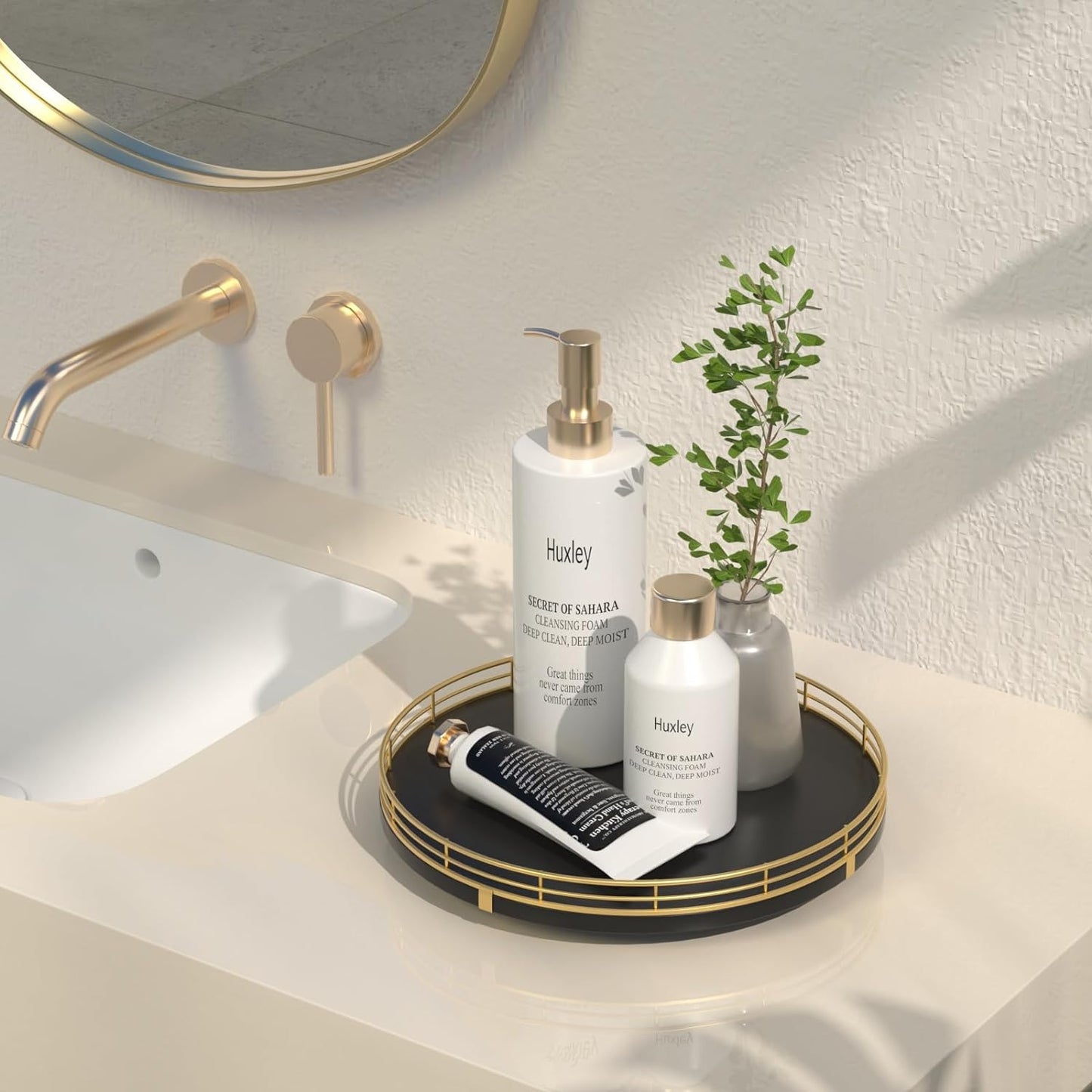 10" Oak Wood Decorative Tray for Home Decor, Tray for Coffee Table Decor Perfume Nightstand Vanity Bathroom Trays for Counter Candle Jewelry Makeup Farmhouse Table Centerpiece for Dining Room Gold