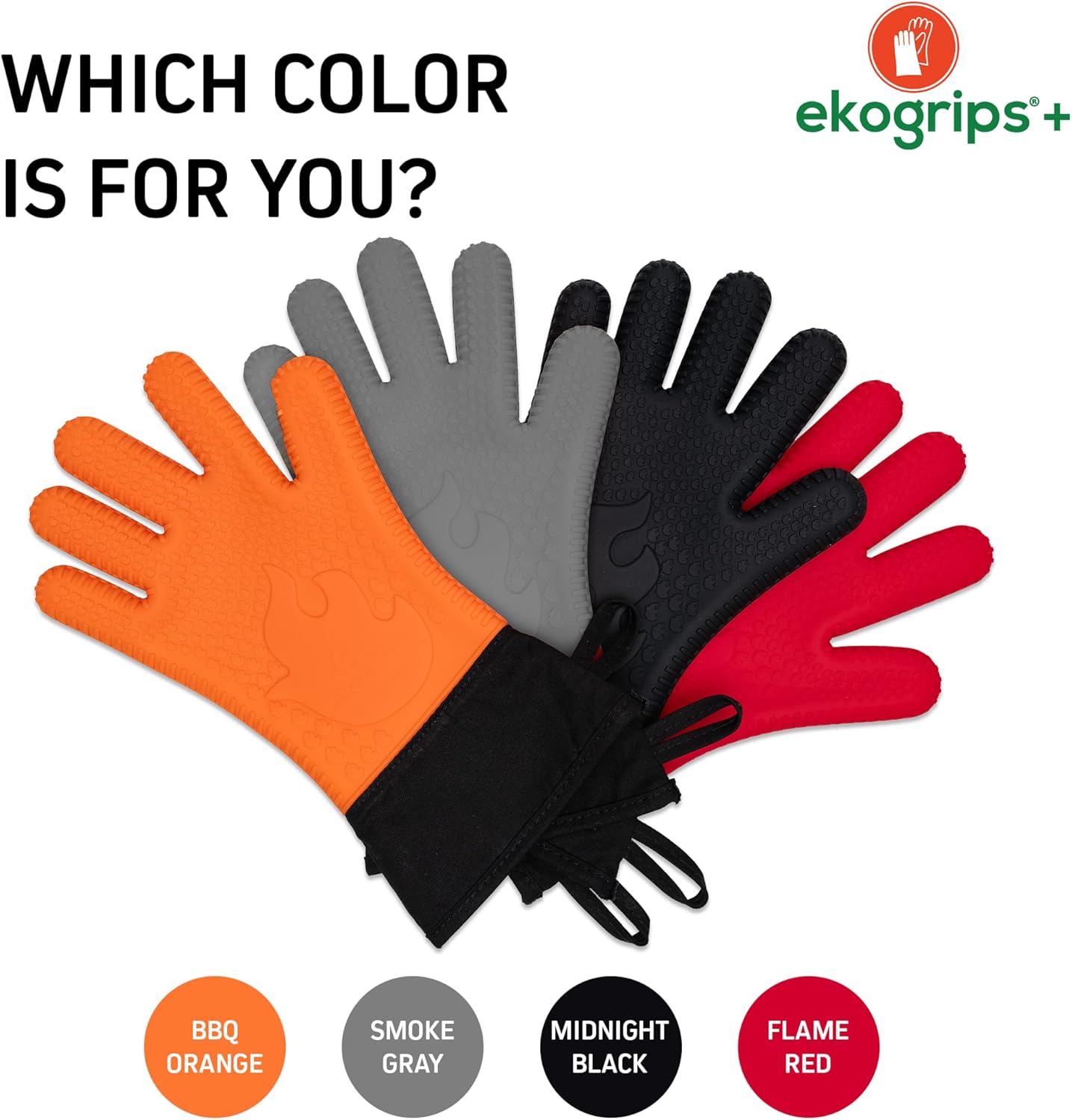 Ekogrips+ Premium Silicone Oven Mitts - Comfy, Waterproof, Heat Resistant BBQ Gloves for Grilling, Long Cuff for Added Protection, 5 Finger Dexterity, 3 Sizes, 4 Colors, S/M, Grey