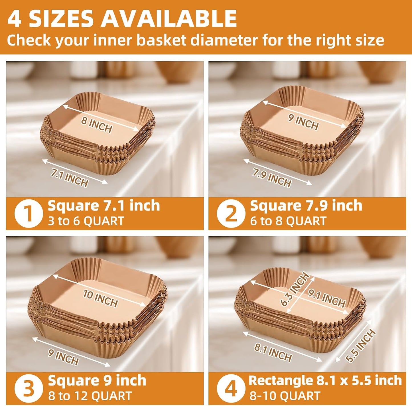 Air Fryer Paper Liners XXL for 8-12 Qt Airfryer, 200pcs 9-10 inch Square Thickened 50gsm Disposable Parchment Tray