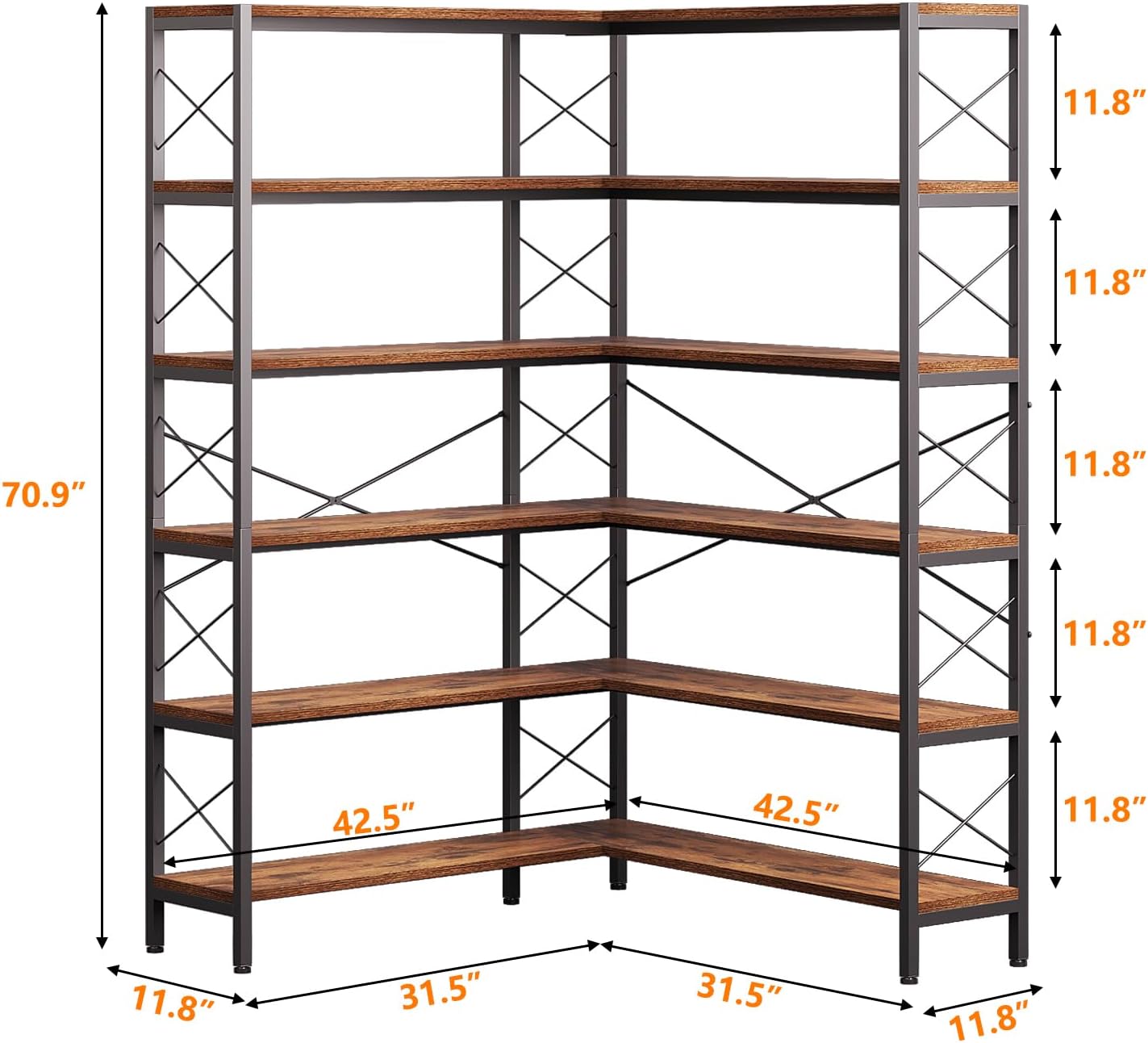 6-Shelf Corner Bookshelf, Vintage Industrial L Shaped Bookshelf Etagere Bookcase, Corner Shelf with Metal Frame Open Storage Rack Corner Book Shelf for Home Office Living Room (Retro Brown)