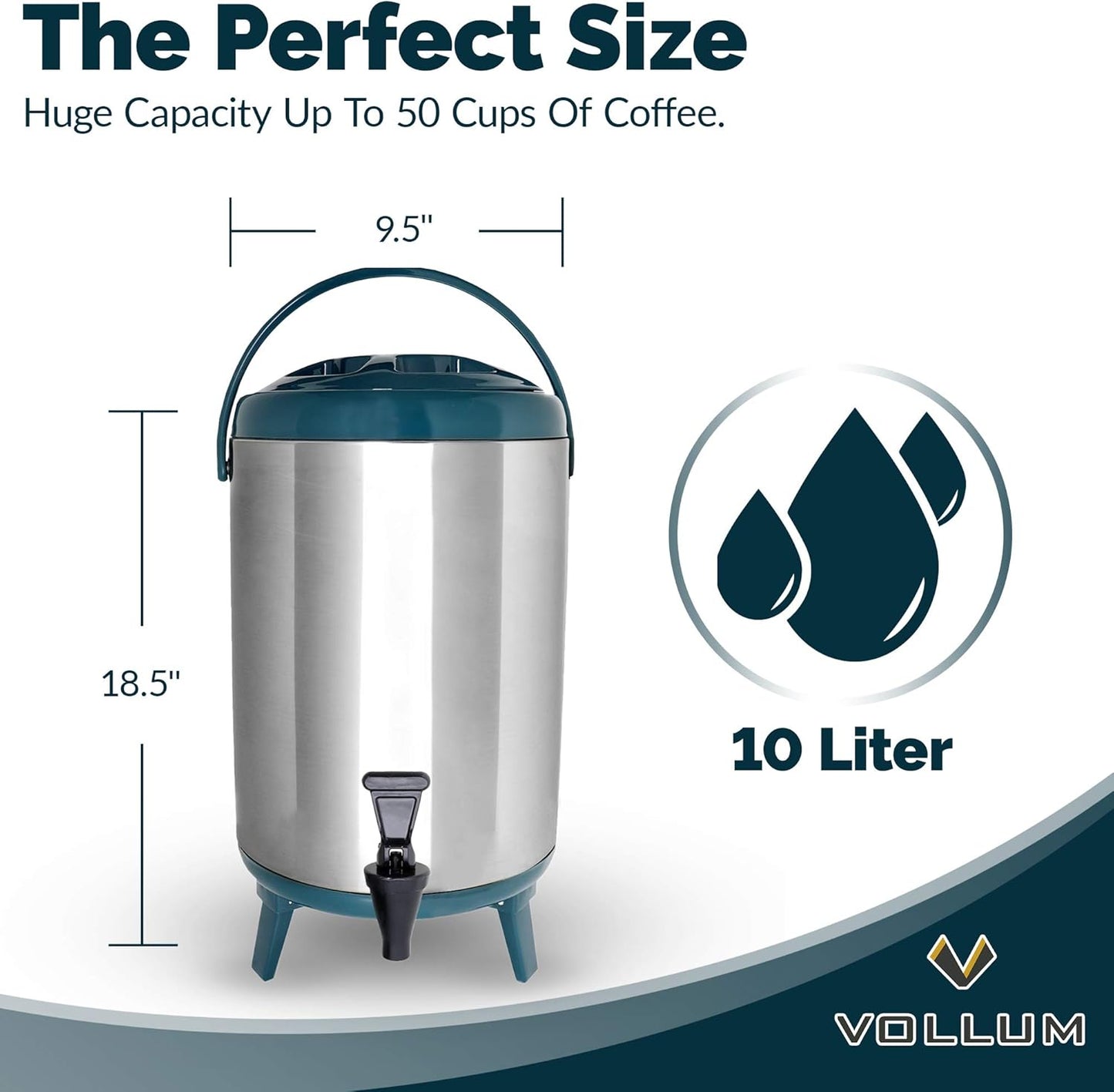 Stainless Steel Insulated Beverage Dispenser – Insulated Thermal Hot and Cold Coffee Carafe – 10 Liter Drink Dispenser with Spigot for Hot Water, Tea & Coffee, Cold Milk, Juice & More Teal