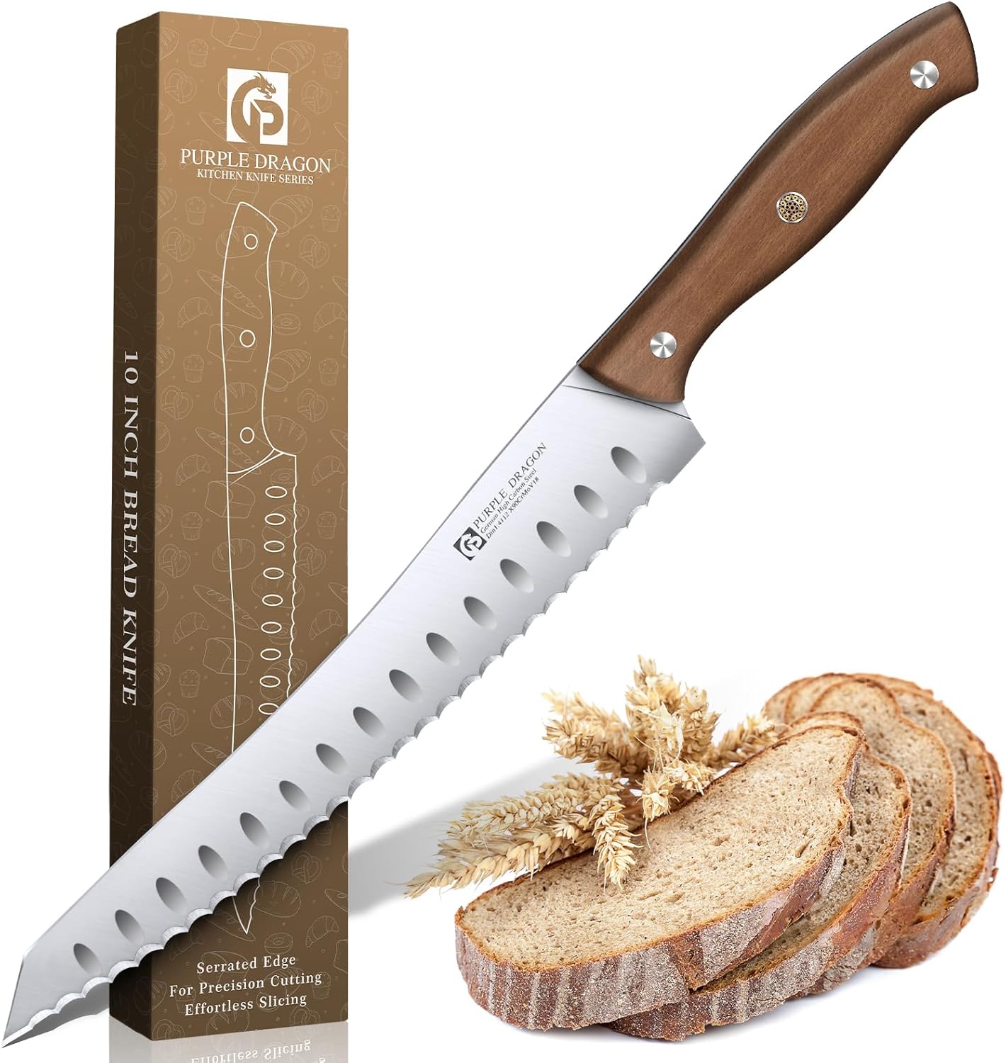 Purple Dragon Bread Knife, Serrated Knives for Homemade Bread Sourdough, German High Carbon Steel Cake Knife and Fruits Cutting, Gift Box, Anniversary Idea Gift for Father Dad - Pointed