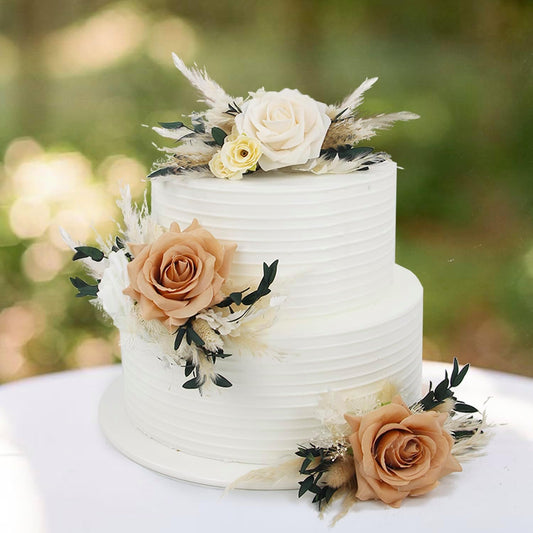 Rinlong 3Pcs Pre-made Boho Cake Toppers Pampas Cake Decorations Birthday Wedding Cake Decorating Flowers Baptism Decor for Women Girls