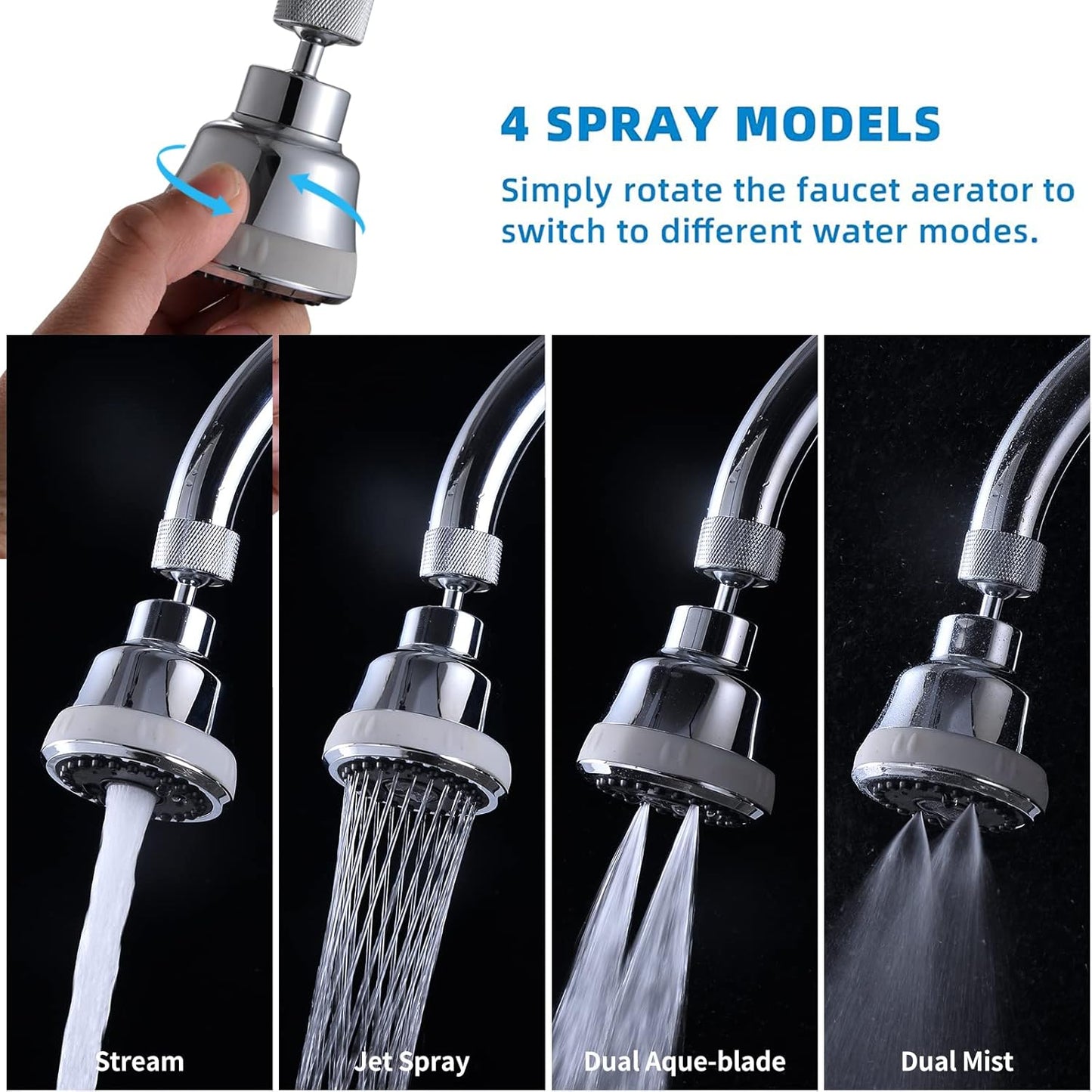 4 Spray Modes Faucet Aerator,360 Degree Faucet Sprayer Attachment,Big Angle Kitchen Faucet Aerator,Swivel Faucet Extender,Sink Sprayer Attachment for faucet,55/64 inch Female Thread (Chrome)