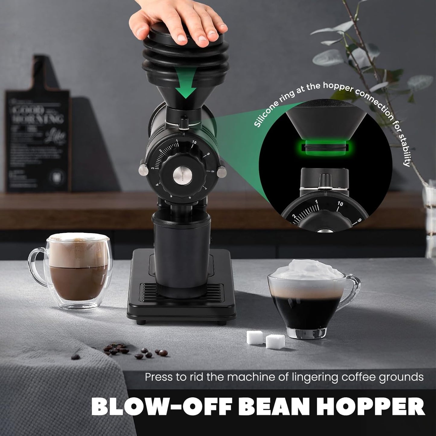 Huanyu Espresso Grinder with Titanium Flat Burr Electric Coffee Grinder with Hopper Bellows 10 Precise Grind Setting Coffee Grinders for Home Use Black