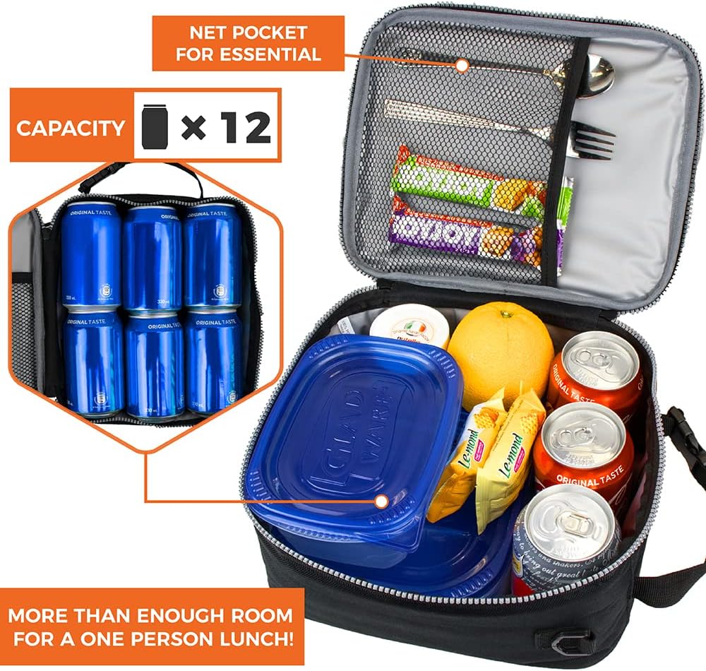 opux Insulated Lunch Box for Men Women Adult, Compact Lunch Bag for Kids Boy Girl Teen, Soft Lunch Cooler Bag for Work School, Leakproof Lunchbox Lunch Pail with Clip-on Buckle, Black