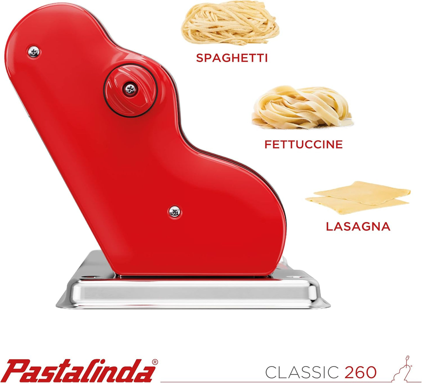 PASTALINDA Classic 260 Pasta Maker Machine, 26 cm Wide Rollers, 9 Thickness Positions, 2 Cutting Positions, Stainless Steel. Includes Reinforced Hand Crank And Two Clamps