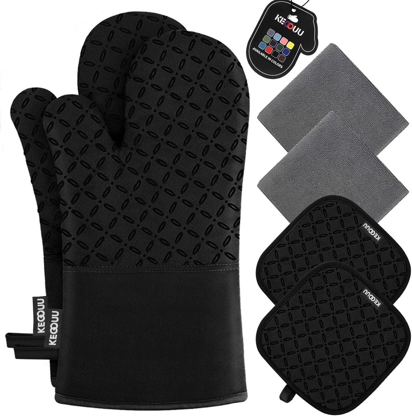 KEGOUU Oven Mitts and Pot Holders 6pcs Set, Kitchen Oven Glove High Heat Resistant 500 Degree Extra Long Oven Mitts and Potholder with Non-Slip Silicone Surface for Cooking (Black)