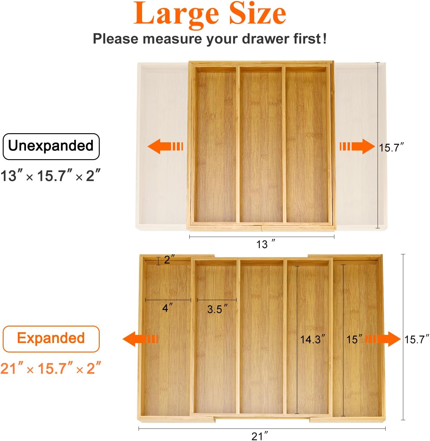 Expandable Silverware Drawer Organizer Storage Large Bamboo Kitchen Tool Utensil Organizers Divider Cutlery Tray Adjustable Flatware Drawer Organizer for Spoon Spatula Cooking Utensils Holder Tray
