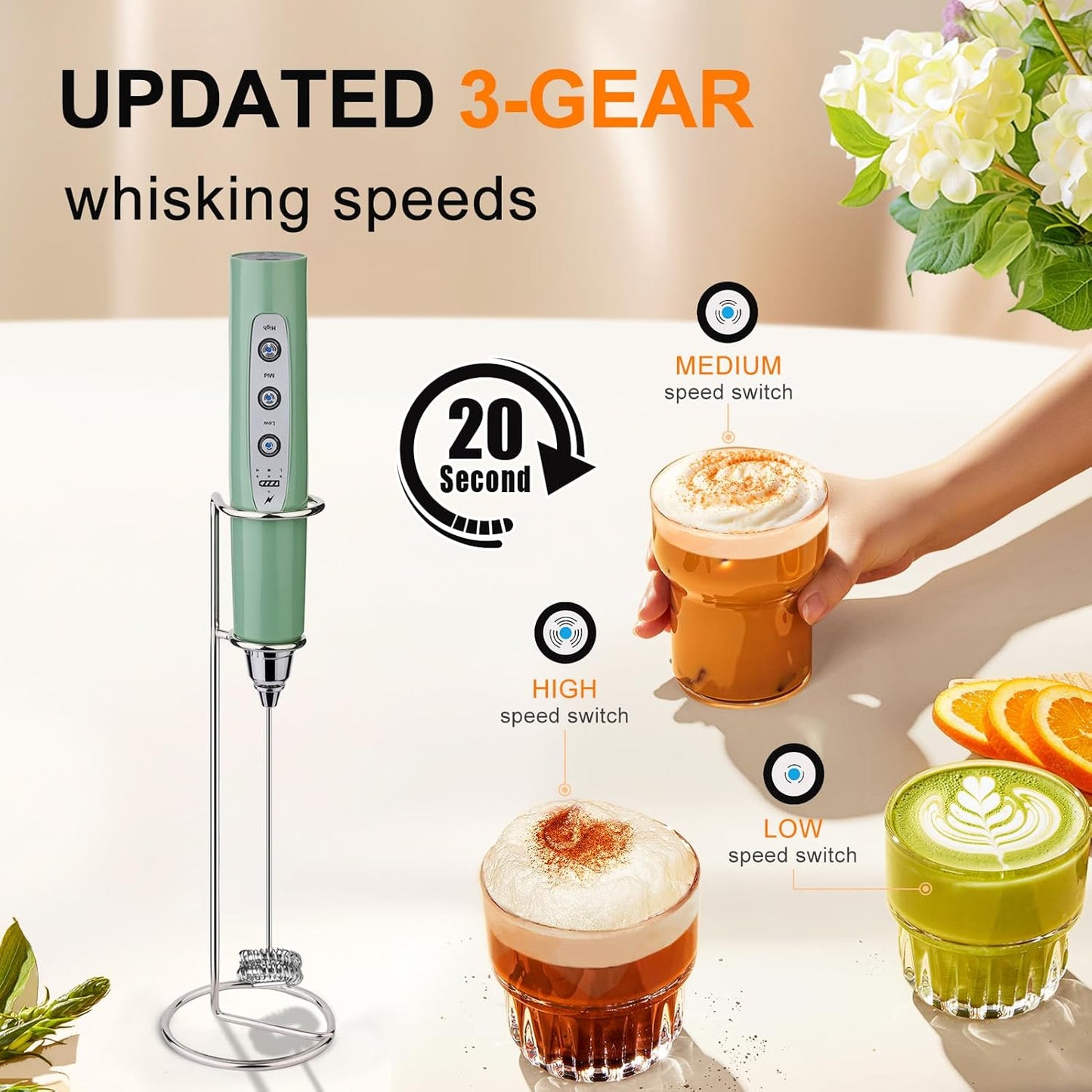 YUSWKO Granite Rechargeable Milk Frother for Coffee with Stand, Handheld Drink Mixer with 3 Heads 3 Speeds Electric Stirrers for Latte, Cappuccino, Hot Chocolate, Egg