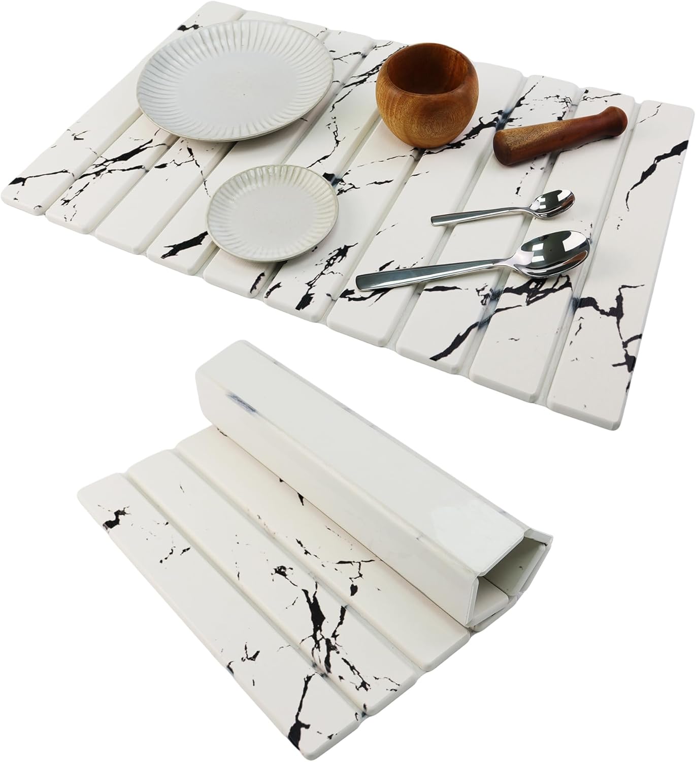 Large Stone Drying Mat for Kitchen Counter Diatomaceous Earth Collapsible 24”（L）*16”（W）Super Heat Resistant Mats, Quick Absorbent Dish Drying Rack（Gray marble）