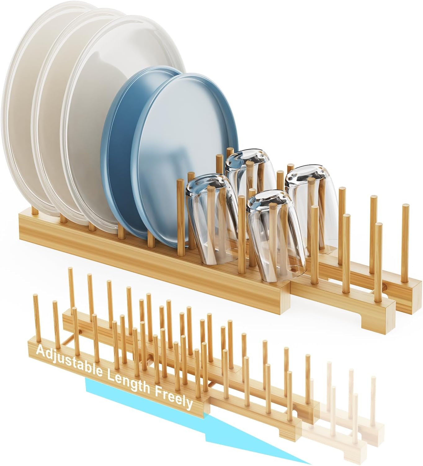 Bamboo Dish Rack - Expandable Plate Rack & Dish Drying Rack for Kitchen Cabinet Storage, Adjustable Multi-Functional Design Organizer for Plates, Bowls, Cups, Pots, Cutting Boards (Natural Bamboo)