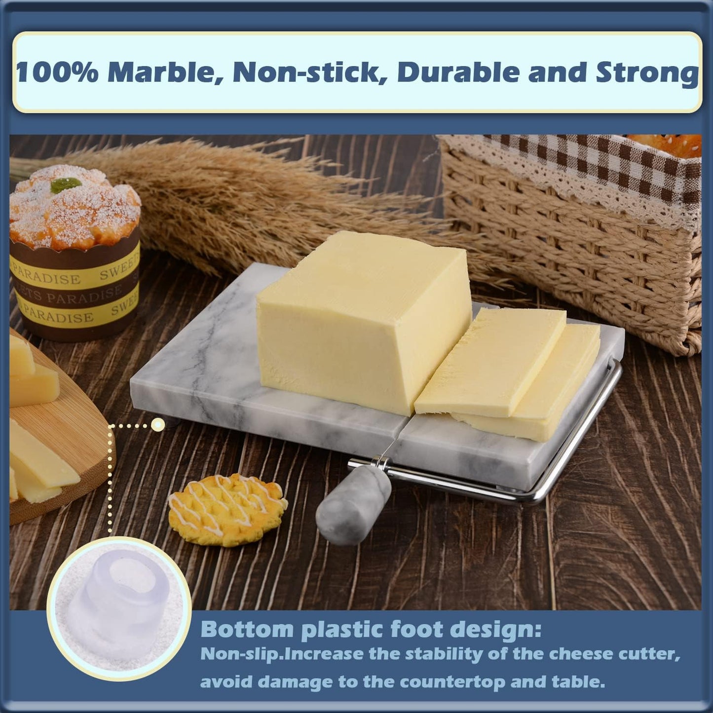 Cheese Slicer, Cheese Cutter Heavy Duty 5" x 8", Polished Marble Cheese Slicer Board for Cut Block Cheeses, Butter, Meats, Other Appetizers (White Grey)