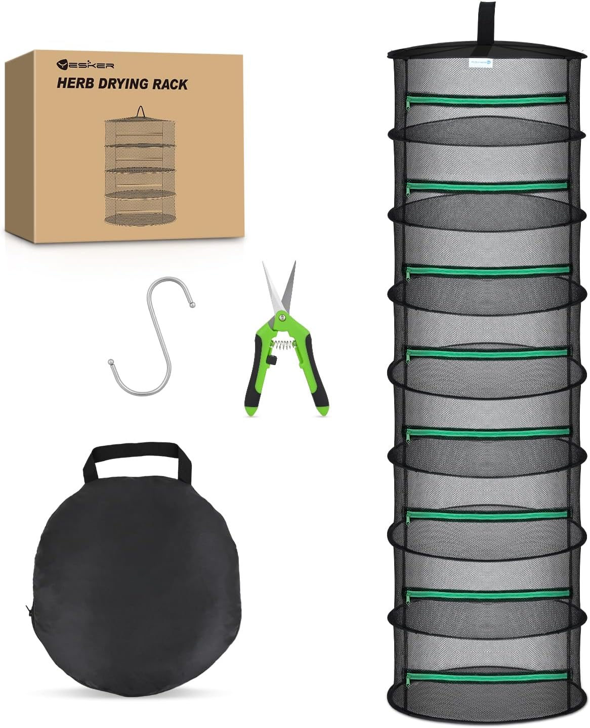 Yesker 8 Layer Herb Drying Rack Hanging Mesh Net Foldable Plant Drying Racks 24" w Green Zipper Pruning Shears Hook Dryer Hanging Rack for Herbs Seed Bud Fruit Clothes Grow Tent Closets Garden Outdoor