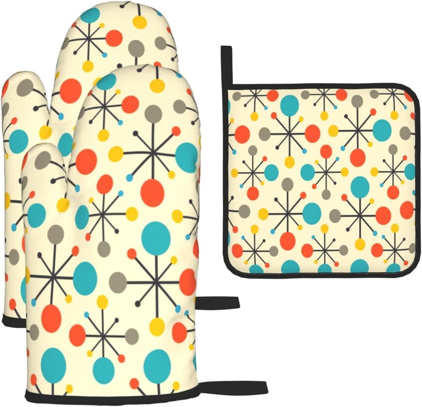 Mid Century Fifties Modern Atomic Retro Oven Mitts and Pot Holders Sets of 3, Yellow Kitchen Decor or Accessories, Heat Resistant Hot Pads Oven Gloves,Cooking Grilling Baking Gifts for Women