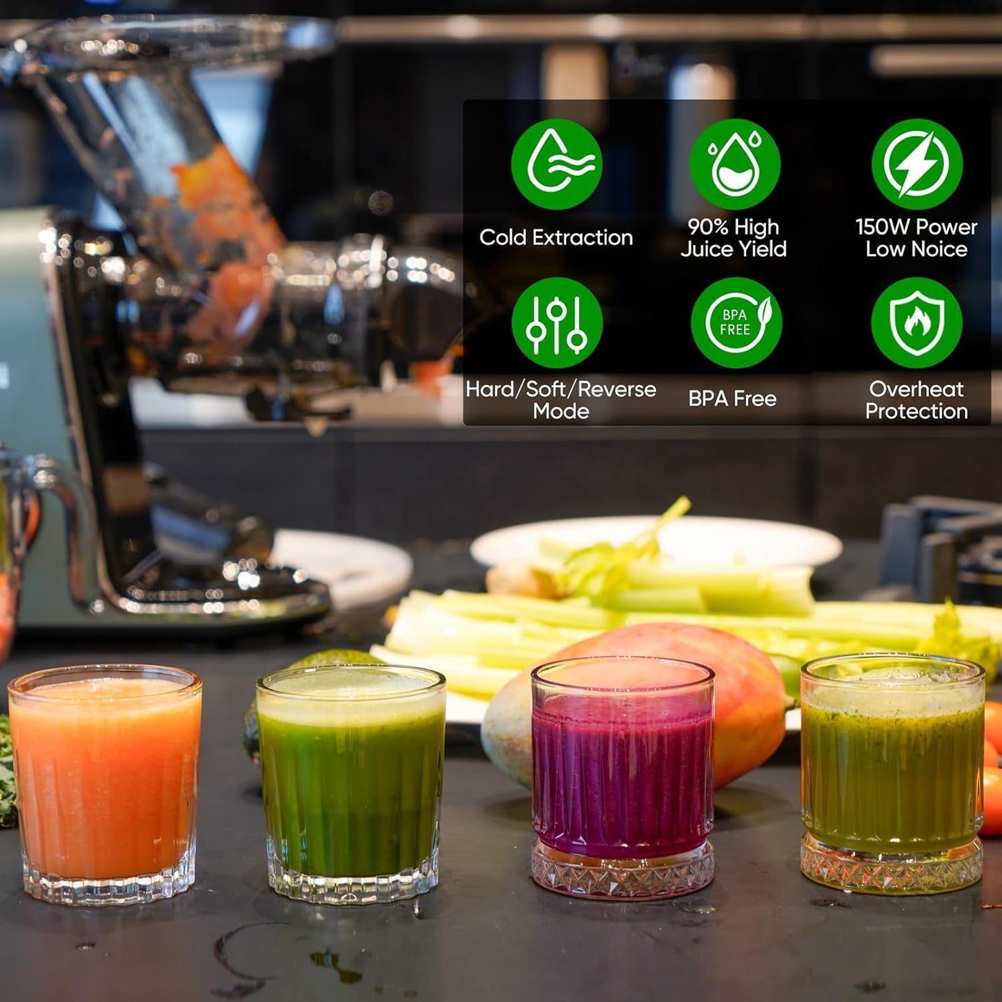 COZII Cold Press Juicer Extractor, Slow Masticating Juicer Soft/hard Mode, 3.6" Large Feed Chute For Vegetable and Fruit, Easy to Clean, Quiet Motor, High Juice Yield, Dishwasher Safe