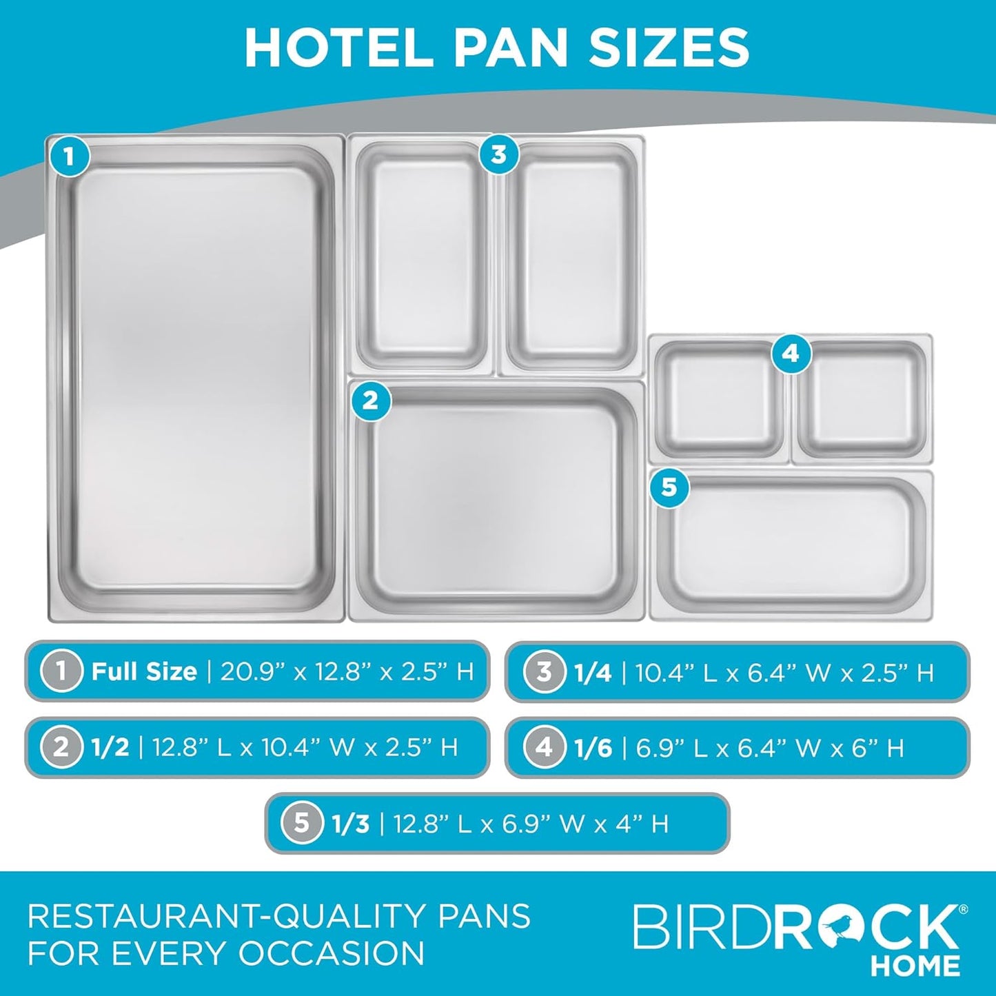 BIRDROCK HOME Stainless Steel Steam Table Pan Lids - Restaurant and Catering Supplies - 24 Gauge Steel - Perfect for Meal Prep, Cooking, and Food Storage Container - 6 Pack, Fits 1/2-Size Hotel Pans