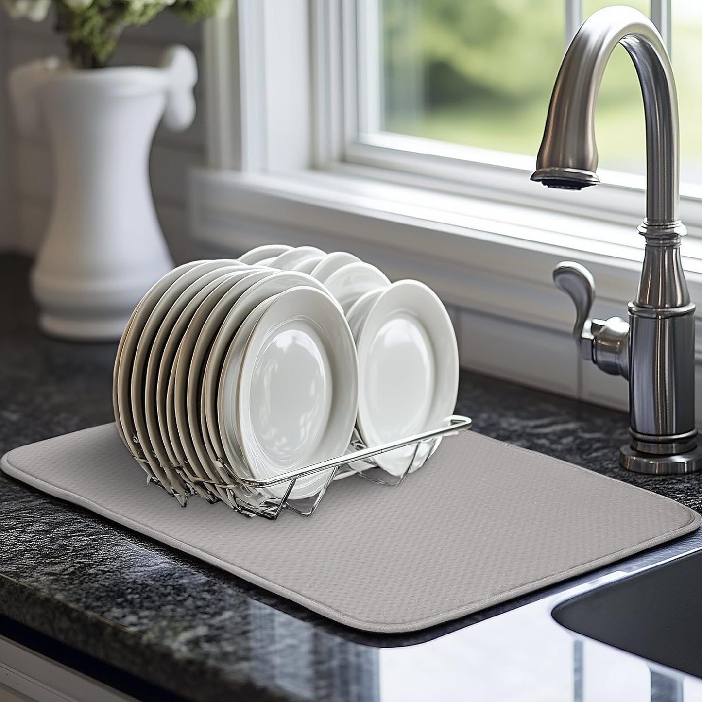 Light Gray Dish Drying Mats 17” x 24” – XXL Kitchen Drying Mat for Counter, Super Absorbent Microfiber Dish Rack Mat, Foldable Drying Pad for Dishes, Pots, Pans – Dish Drainer Mat