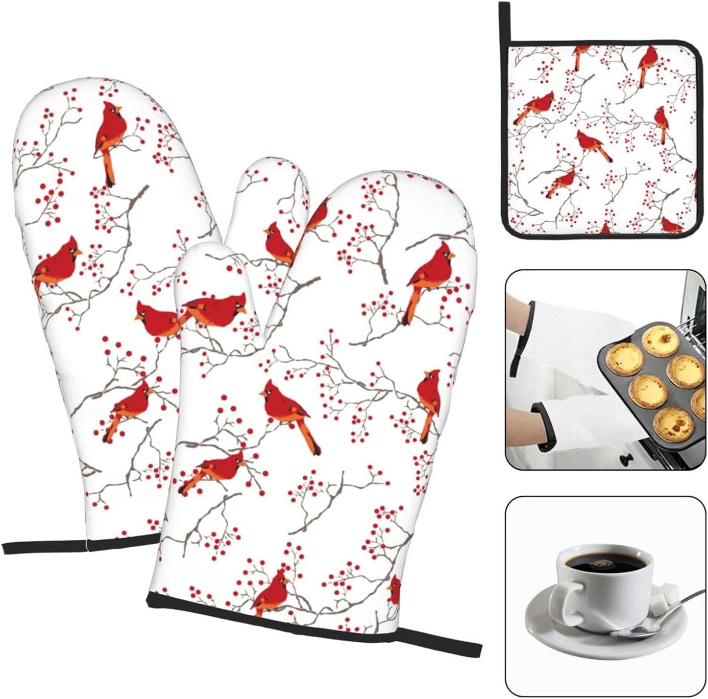 Cardinal Bird Red Berry Decor Oven Mitts and Pot Holders Sets of 3 Heat Resistant Non Slip BBQ Gloves for Cooking Grilling Baking Holiday Kitchen Decor