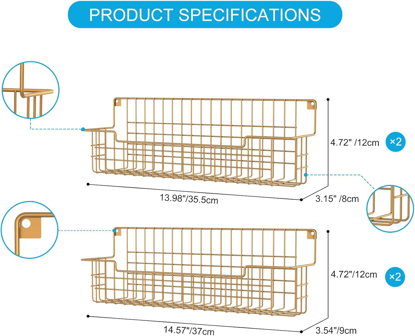 Spice Rack, 4-Pack Seasoning Organizer Wall Mounted for Kitchen Storage Organization, Metal Spice Holder Shelf for Cabinet, Pantry, Gold