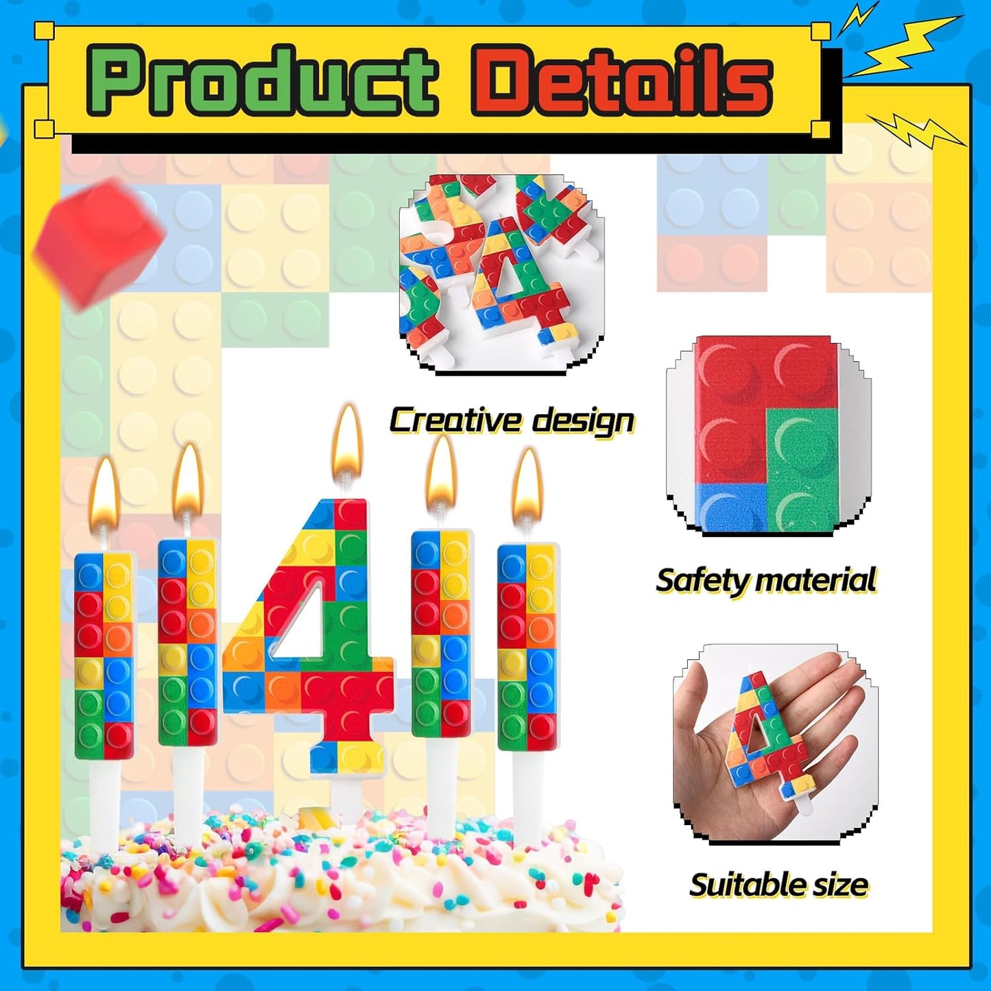 7 Pcs Building Block Themed Birthday Candles Set Building Blocks Number 4 Candle Cake Topper for Building Block Party Decoration Supplies (Number 4)