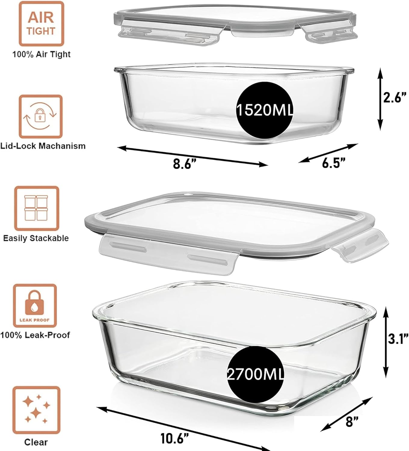 Razab 4 Pc (2700ML/ 91 Oz & 1520ML/ 51 Oz) Airtight Large Glass Food Storage Containers with Lids - BPA Free, Leak Proof Meal Prep Containers (2 Containers + 2 Lids) Microwave, Oven & Freezer Safe