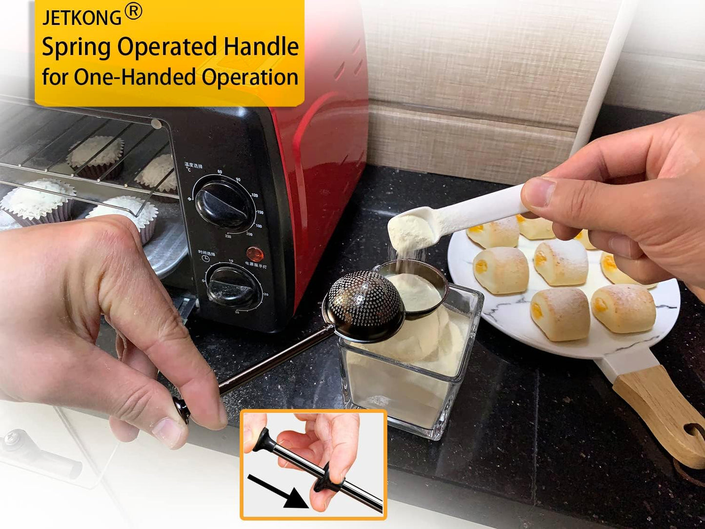 JETKONG Baker's Dusting Wand for Sugar, Flour and Spices, Stainless Steel Powdered Sugar Shaker Duster Sifter, Set of 2 (Black)