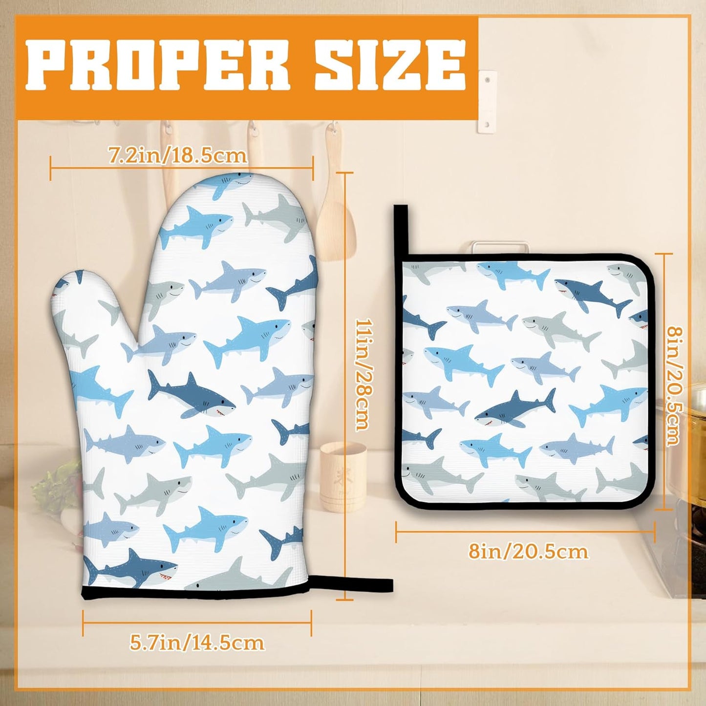 Cute Shark Oven Mitts and Pot Holders Set,Kitchen Decor Heat Resistant Non Slip Hot Pads and Oven Mitt for Chef Cooking Baking BBQ Mom Girl Gifts(4 Piece Set)