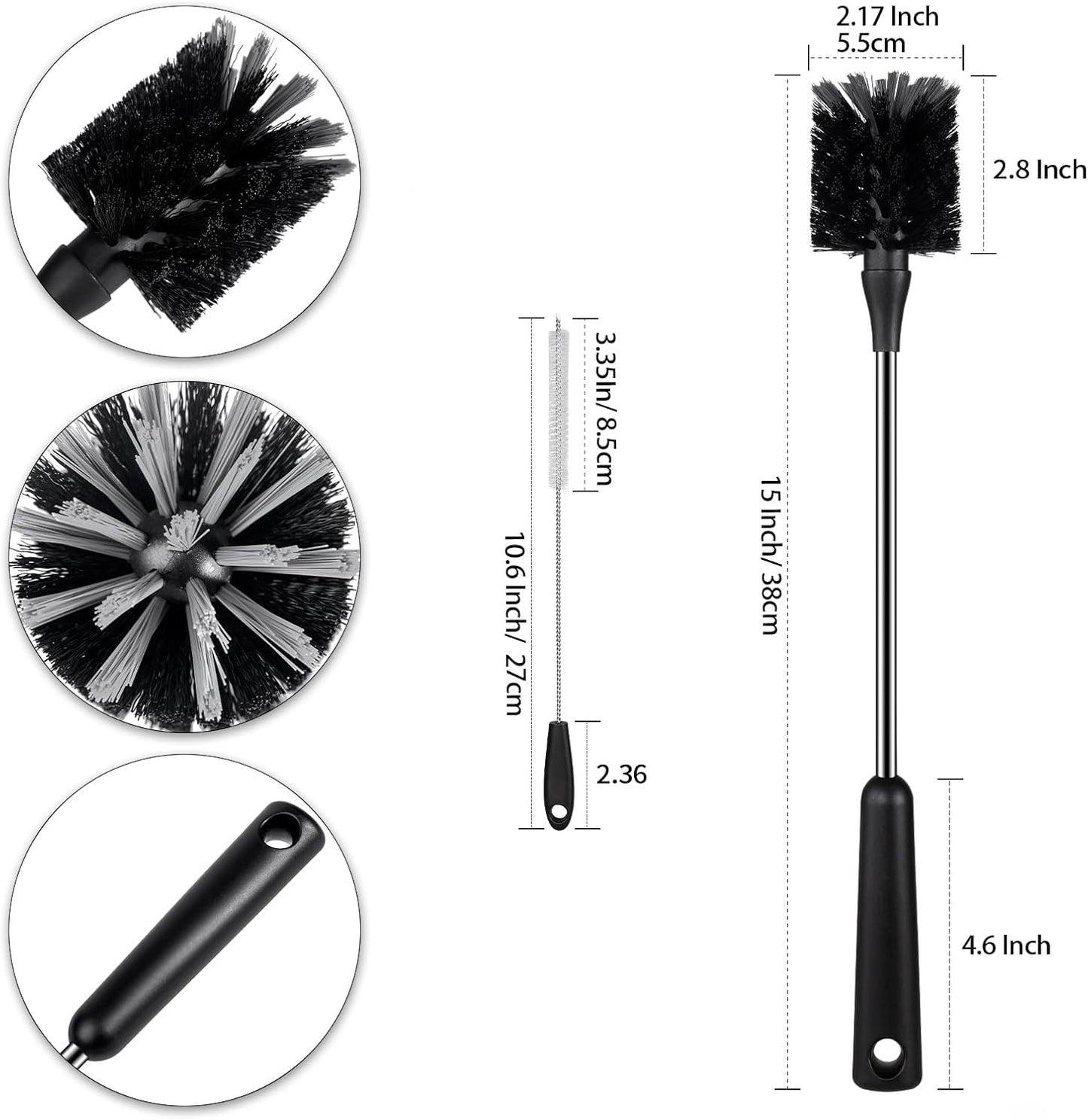 Water Bottle Brush with Straw Cleaner, 15 Inches Stainless Steel Handle Baby Bottle Brush Cleaner, Kitchen Scrub Cleaning Brushes for Cup, Wine Glasses, Coffee Mugs, Tumblers, Wine Decanters, Black