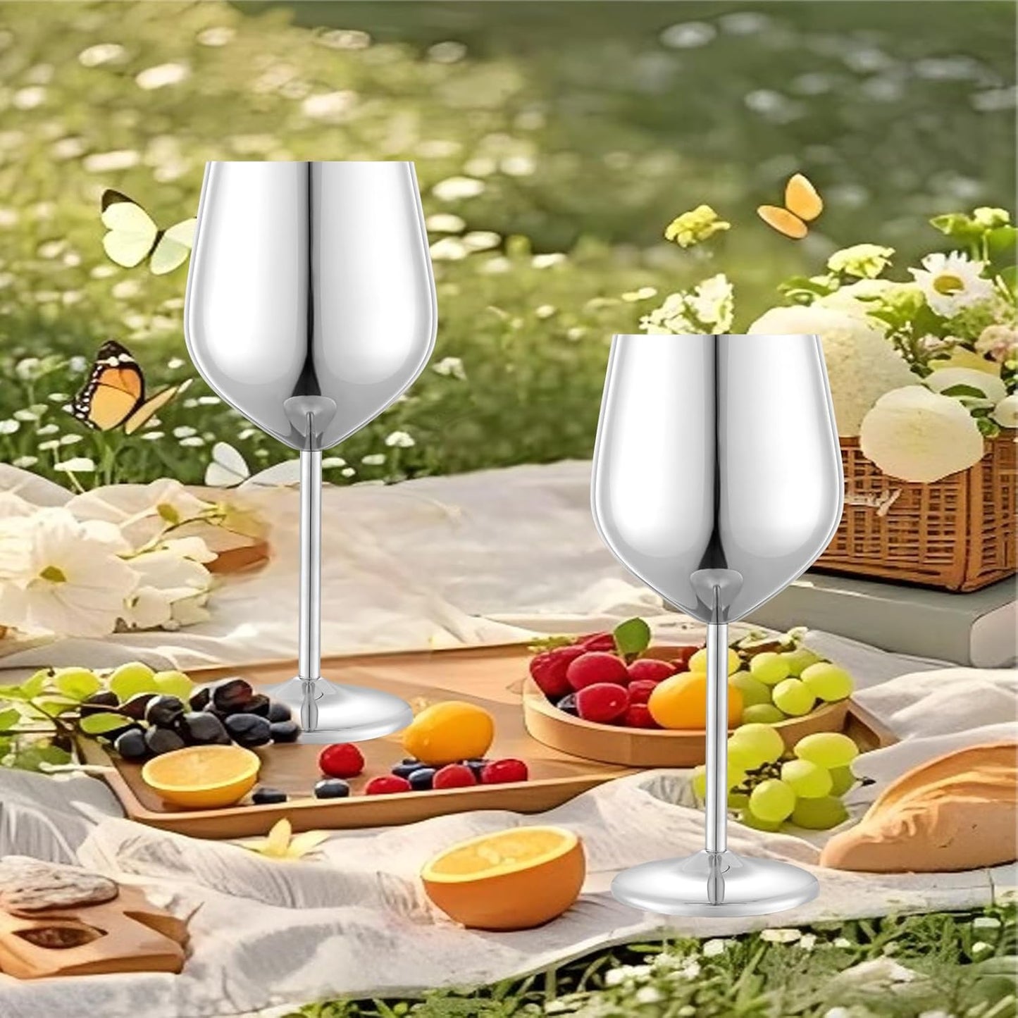 Stainless Steel Wine Glasses Set of 2, 18 oz Unbreakable Silver Wine Glass Unique Metal Wine Goblets for Outdoor Capming and Pool Gift for Wine Lovers