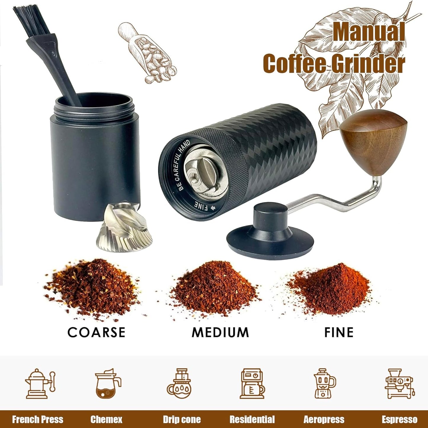 Manual Coffee Grinder - Precision CNC Stainless Steel Burr Grinder with Adjustable Settings, Double Bearings for Smooth Grinding - Ideal for Home, Office, and Camping Espresso Enthusiasts