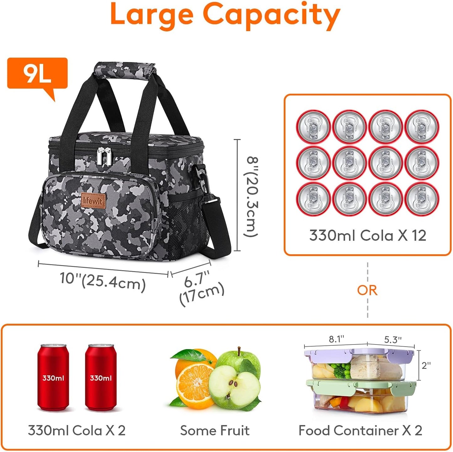 Lifewit Medium Lunch Bag Insulated Lunch Box Soft Cooler Cooling Tote for Adult Men Women, Black Camo 12-Can (9L)