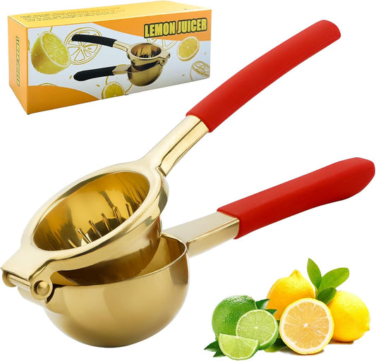 Lemon Squeezer,304 Stainless Steel Citrus Press Juicer,Non-Slip Grip Design Manual Juicer,Heavy Duty Manual Citrus Press Juicer & Lime Squeezer-Gold & Red