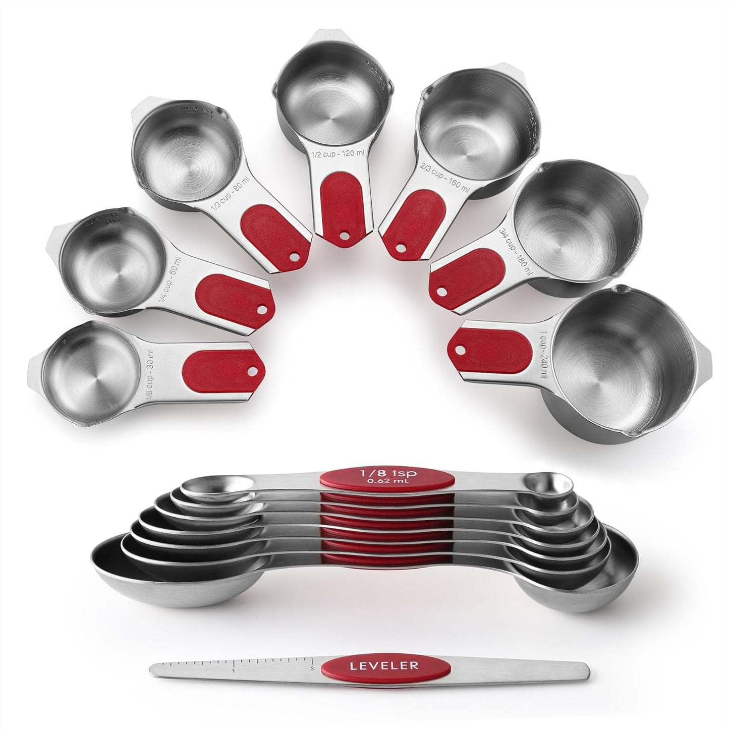 Spring Chef Magnetic Measuring Cups & Spoons Set (Patent Pending), Strong N45 Magnets, Heavy Duty Stainless Steel Fits in Spice Jars for Baking & Cooking, BPA Free, Round Set of 15 with Leveler, Red