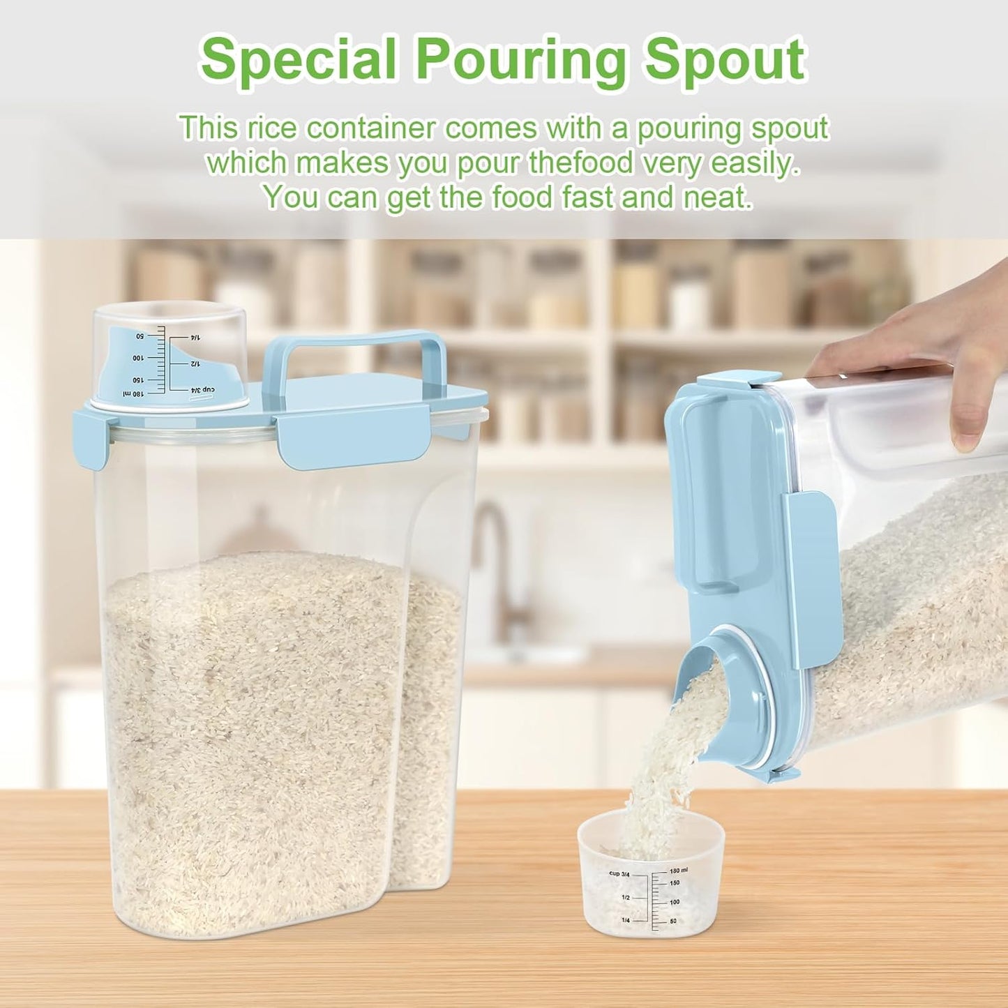 Rice Storage Container, Cereal Containers Storage, Dry Food Airtight Dispenser BPA Free, Clear Plastic Kitchen and Pantry Organization Bin (1, Sky blue, 5.28Qt)