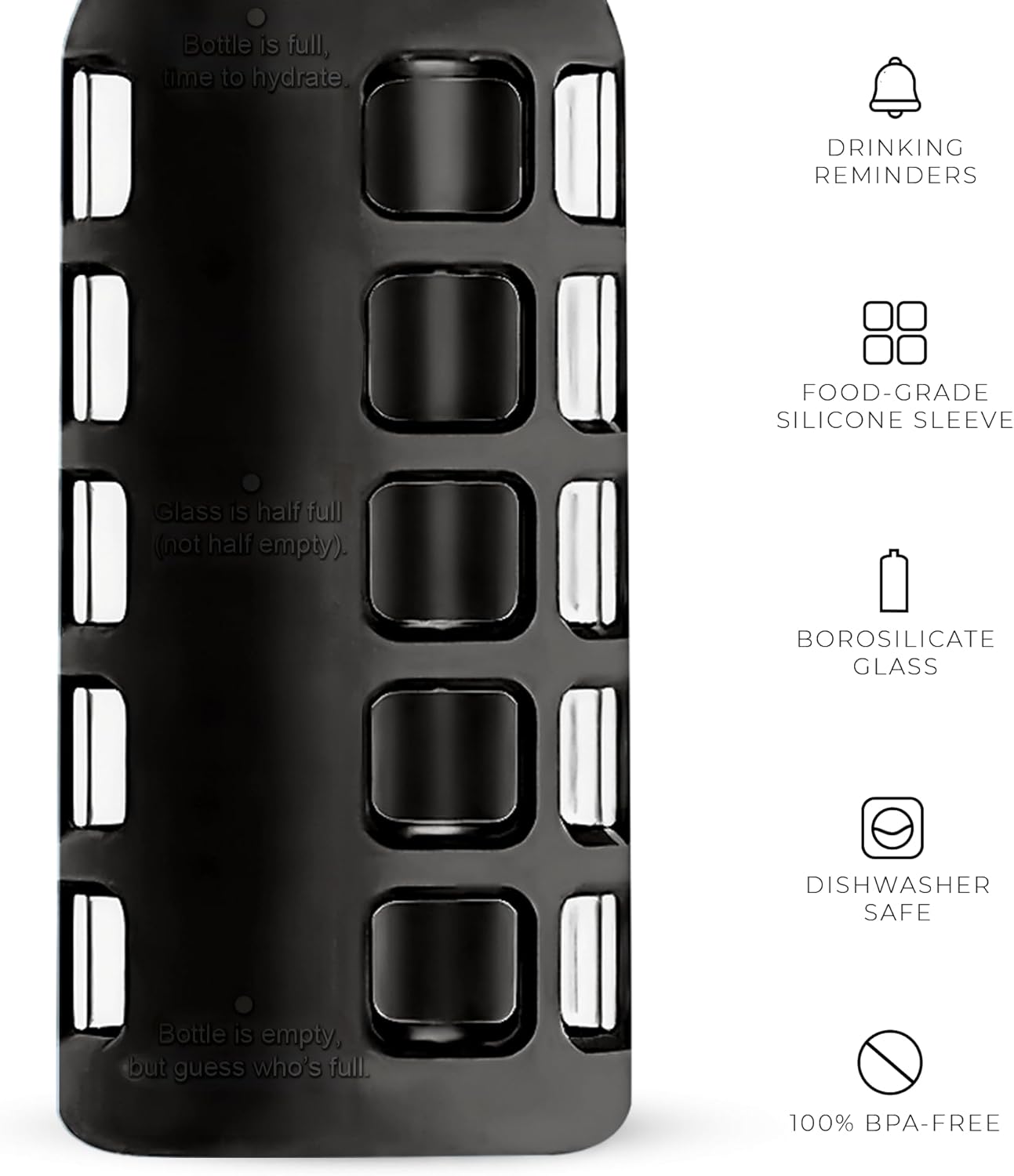 purifyou 40oz / 32oz / 22oz / 12oz Borosilicate Glass Water Bottle with Time & Volume Markers, Silicone Sleeve, Stainless Steel Lid – Reusable Glass Bottle for Water & Juice (22oz Jet Black)