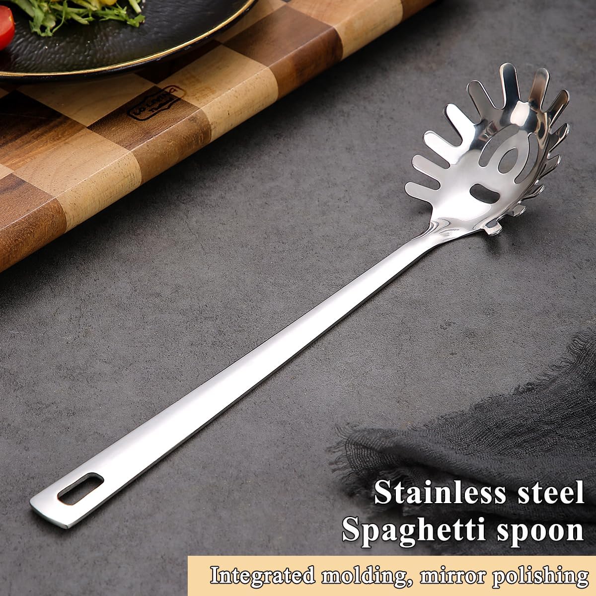 Spaghetti Spoon, ReaNea Pasta Server, Stainless Steel Pasta Spoon with Teeth, One-Piece Metal Pasta Fork, Noddle Fork Kitchen Utensils, Heat Resistant, Dishwasher Safe, Easy to Clean