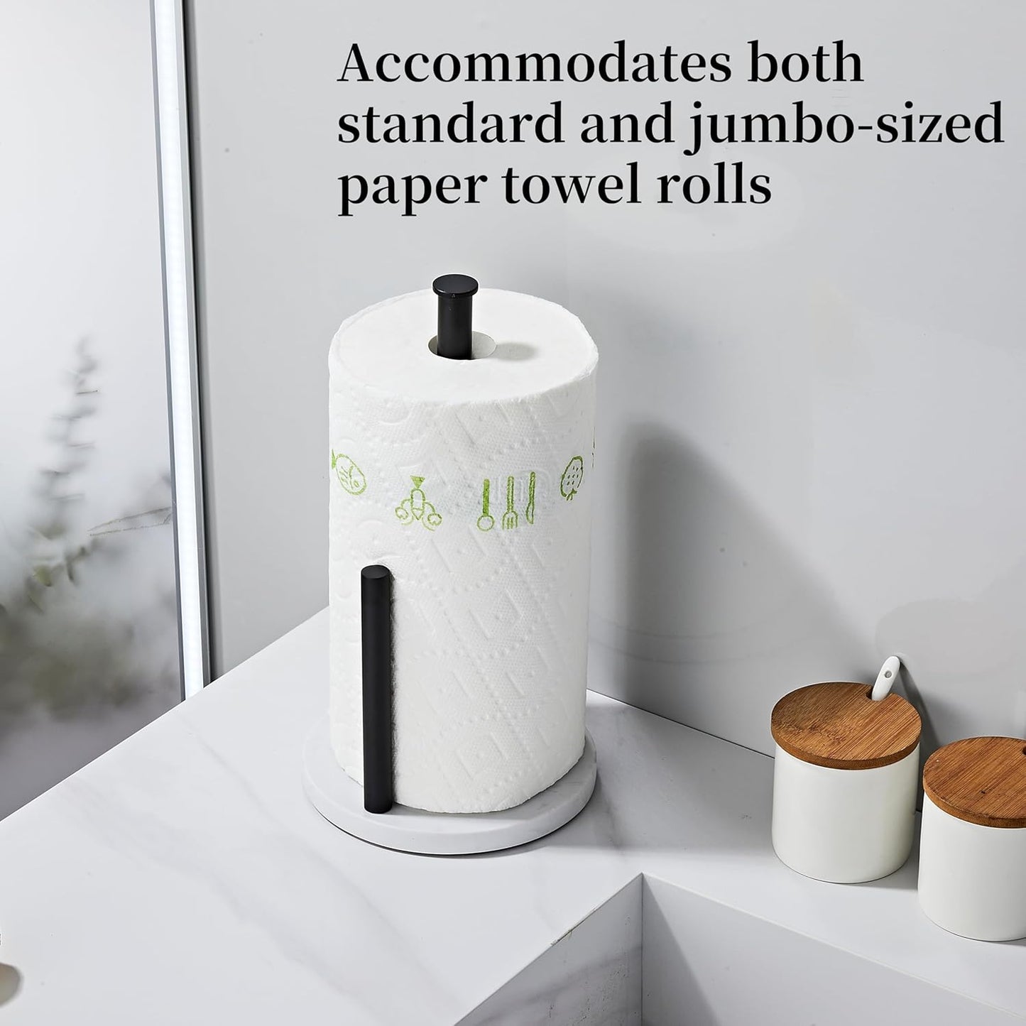 Matte Black Paper Towel Holder,Stainless Steel Paper Towel Holder for Kitchen Roll Organize, Standard or Jumbo-Sized Roll Paper, Countertop Roll Dispenser with Marble Base