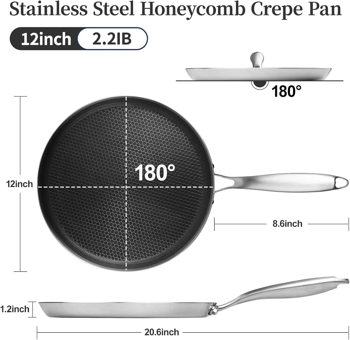 Stainless Steel Crepe Pan - 12 Inch Nonstick Crepe Pan, Stainless Steel Honeycomb Coating Pancake Pan, Non Stick Flat Skillet Tawa Dosa Tortilla Griddle Pan, Induction Compatible, PFOA Free