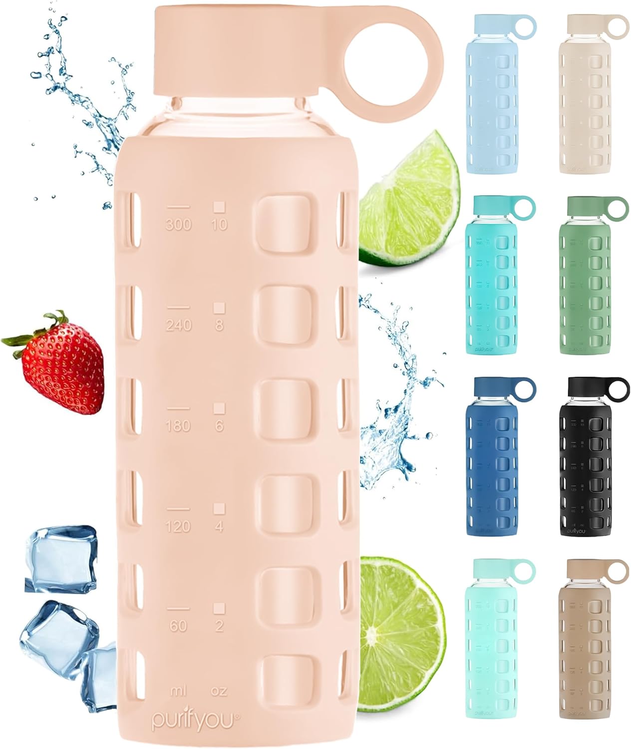 purifyou 40oz / 32oz / 22oz / 12oz Borosilicate Glass Water Bottle with Time & Volume Markers, Silicone Sleeve, Stainless Steel Lid – Reusable Glass Bottle for Water & Juice (12oz Hazelnut)