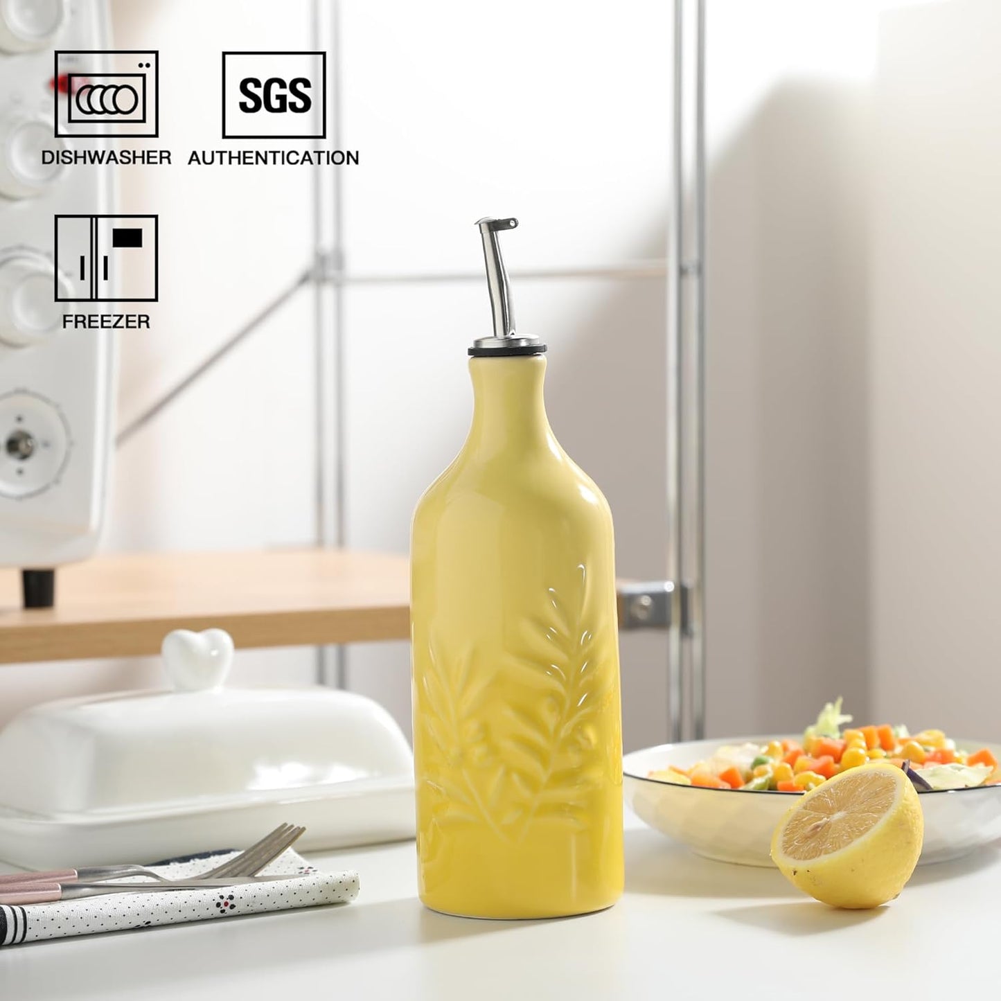 Sweejar Ceramic Olive Oil Dispenser Bottle, 20 Oz Relief Opaque Oil Cruet Protects To Reduce Oxidation, Suitable for Storage Soy Sauce, Coffee Syrup, Liquids, Set of 1 (Gradient Yellow)