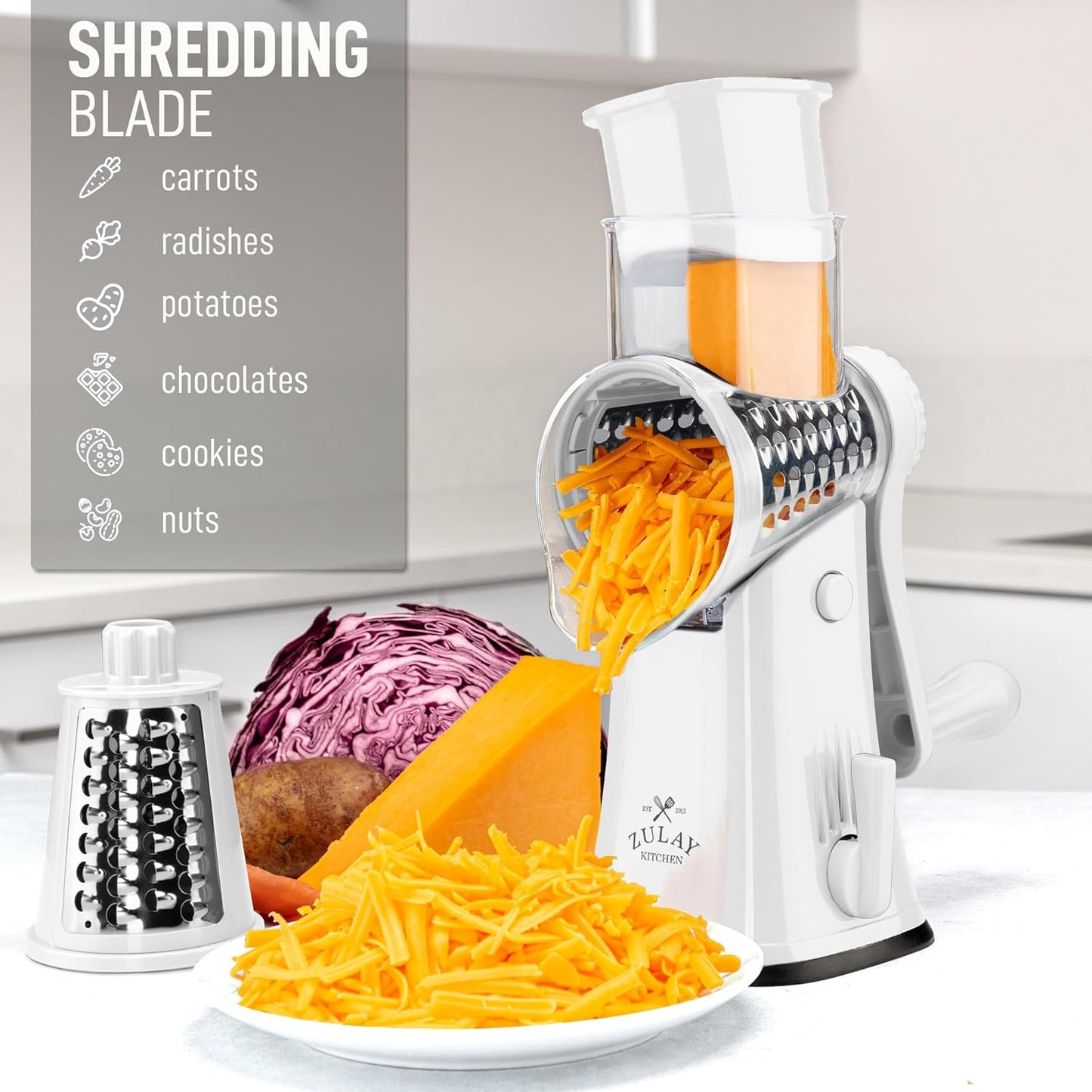 Zulay Kitchen Rotary Cheese Grater 5 Blade Cheese Shredder - Manual Hand Crank Cheese Grater With Reinforced Suction & 5 Interchangeable Drums - Easy to Use, Vegetable Chopper Round Mandoline Slicer