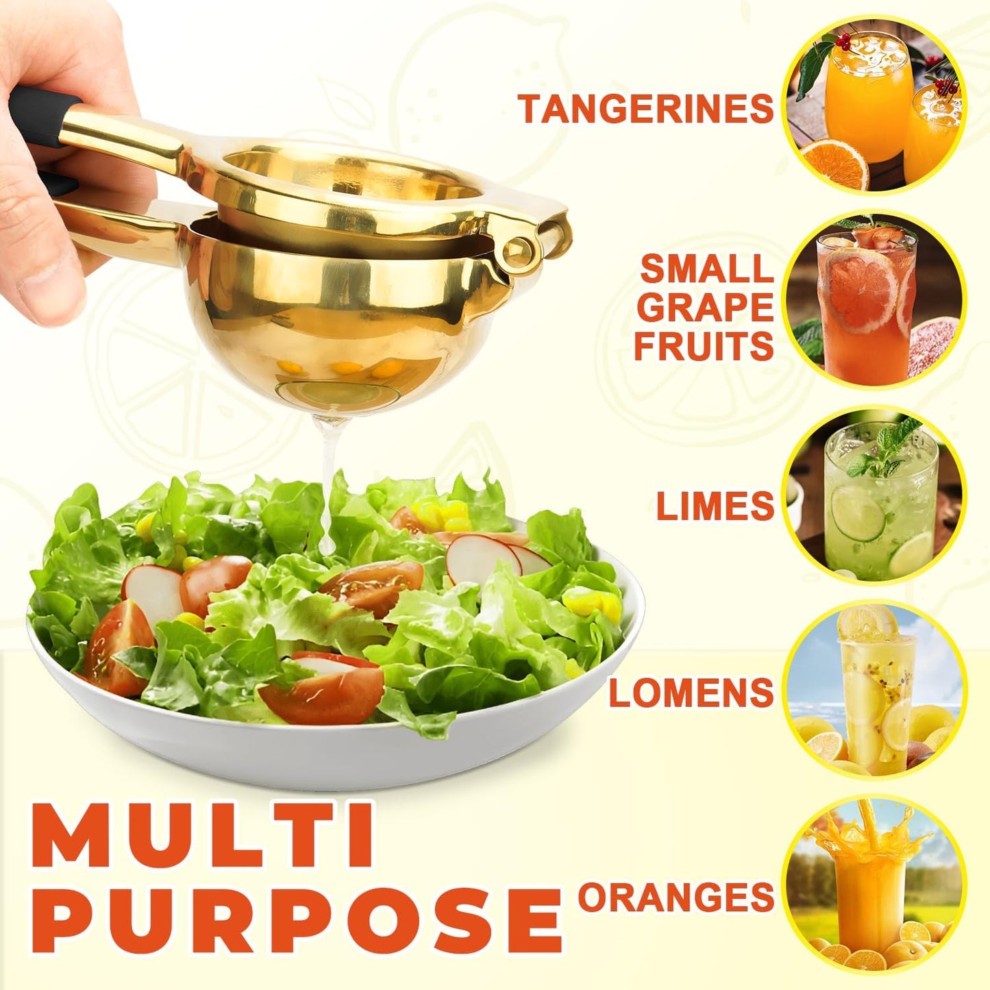 SHIKORI Gold & Black Heavy Duty Lemon Squeezer, 304 Stainless Steel Manual Citrus Press Juicer, 15% More Juice, Easy to Clean