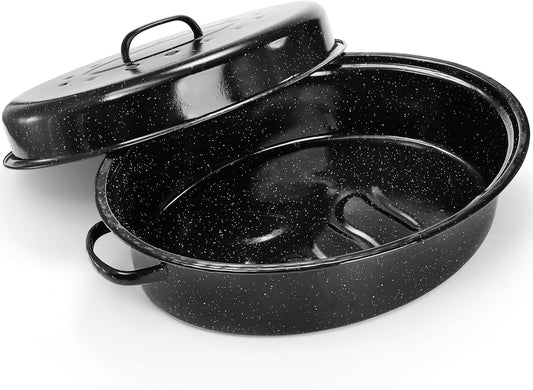 TOPZEA Granite Roasting Pan with Lid, 18" x 12.5" Turkey Roaster Pan Enameled on Steel Nonstick, Covered Oval Roaster Pot Oven Broiler Pan Cookware for Turkey, Chicken, Ham Meat Roast, Dishwasher Safe