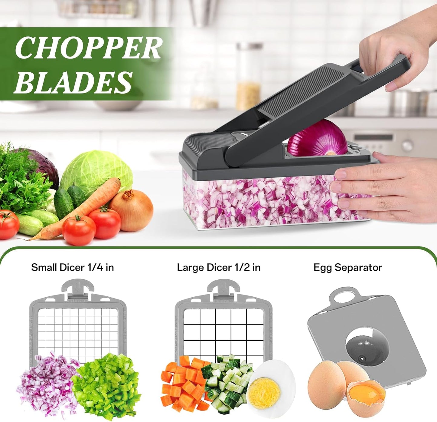 HomeHacks Vegetable Chopper Vegetable Cutter, 12 in 1 Kitchen Gadget, Dicer, Slicer, Onion Cutter, Salad, Cheese Grater & Egg Separator - Multi-Functional Veggie Chopper Lid with Handle (Grey)