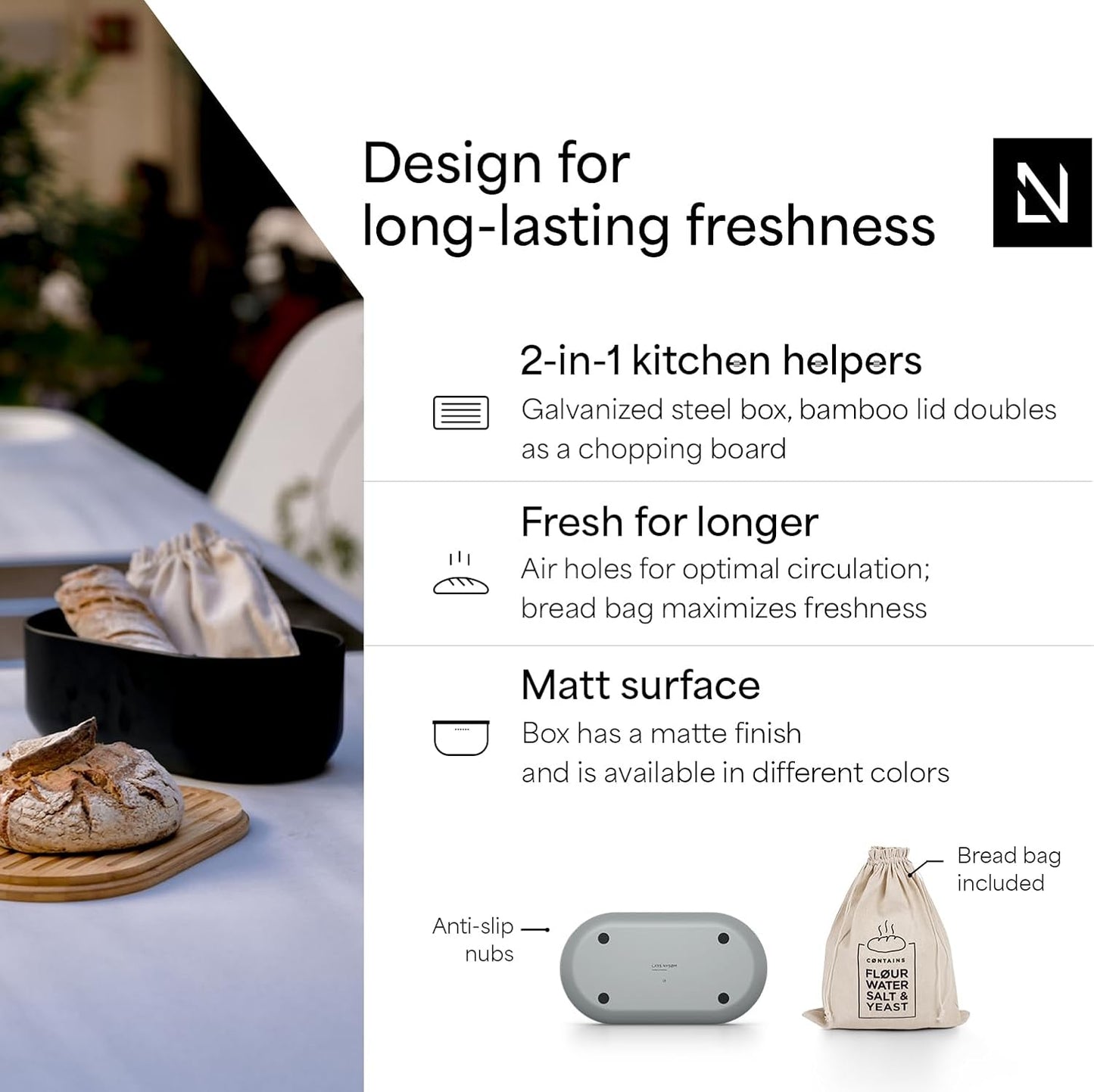 LARS NYSØM Bread Box I Metal Box with linen bag for long lasting freshness I Bread Bin with bamboo lid usable as cutting board I 14.2x7.5x5.1 In (Ash Gray)