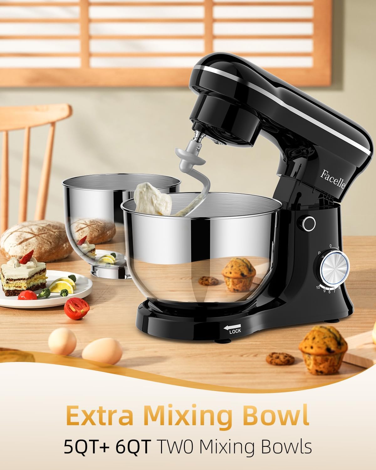 Facelle Tilt-Head Stand Mixer, 5QT+6QT Stainless Steel Two Bowls, 10 Speeds Kitchen Electric Food Mixer with Egg Whisk, Dough Hook, Beater, Dishwasher-Safe Attachment, Ideal Gift for Mom