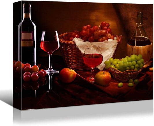 Looife Kitchen Still Life Canvas Wall Art, 24x16 Inch Gallery Wrapped Wine Cup with Grapes Picture Prints Wall Decor, Food Art Deco for Dining Room and Bar