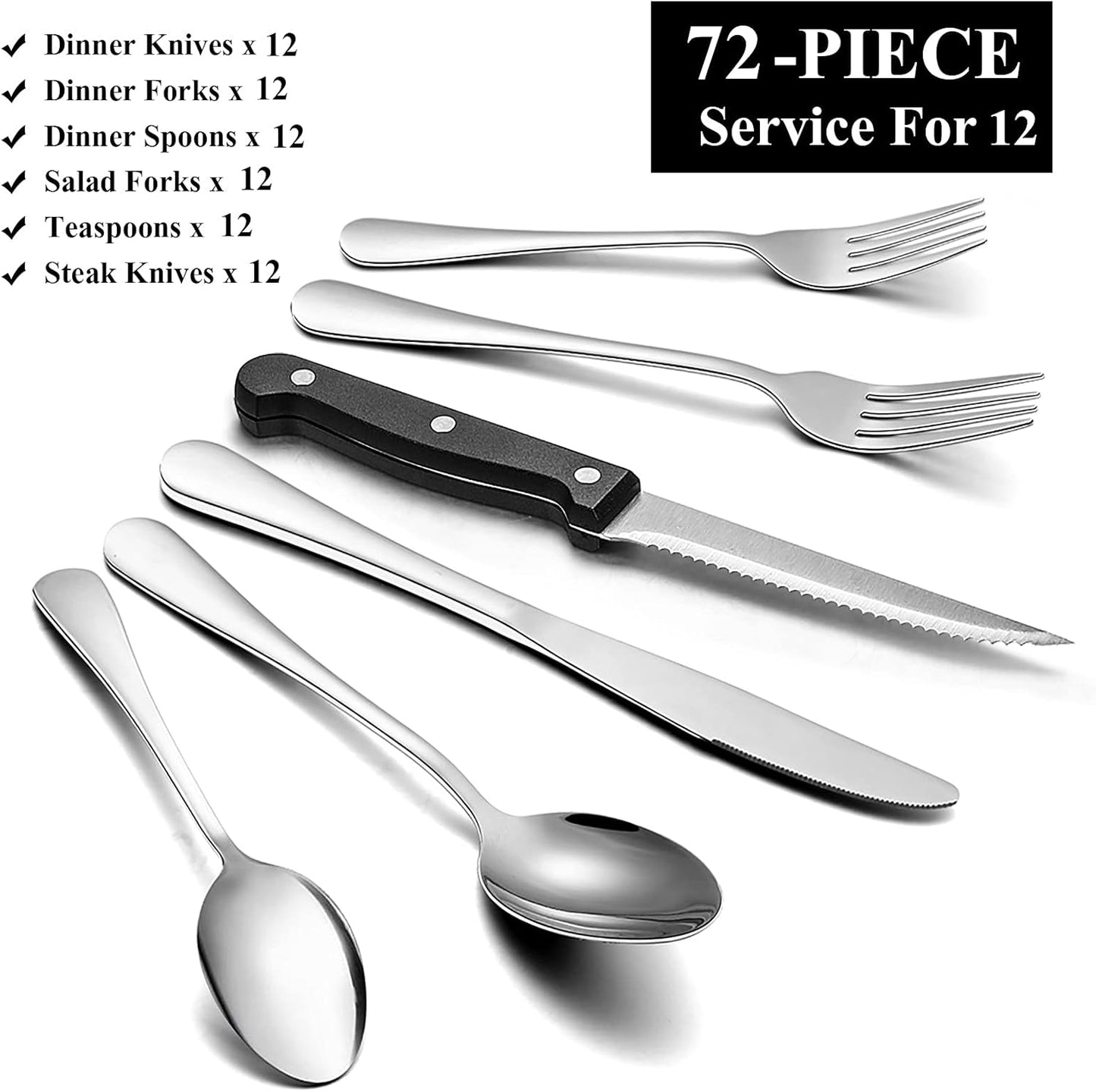 Wildone 72-Piece Silverware Set with Steak Knives, Stainless Steel Flatware Cutlery Set Service for 12, Tableware Eating Utensils Include Knives/Forks/Spoons, Mirror Polished, Dishwasher Safe