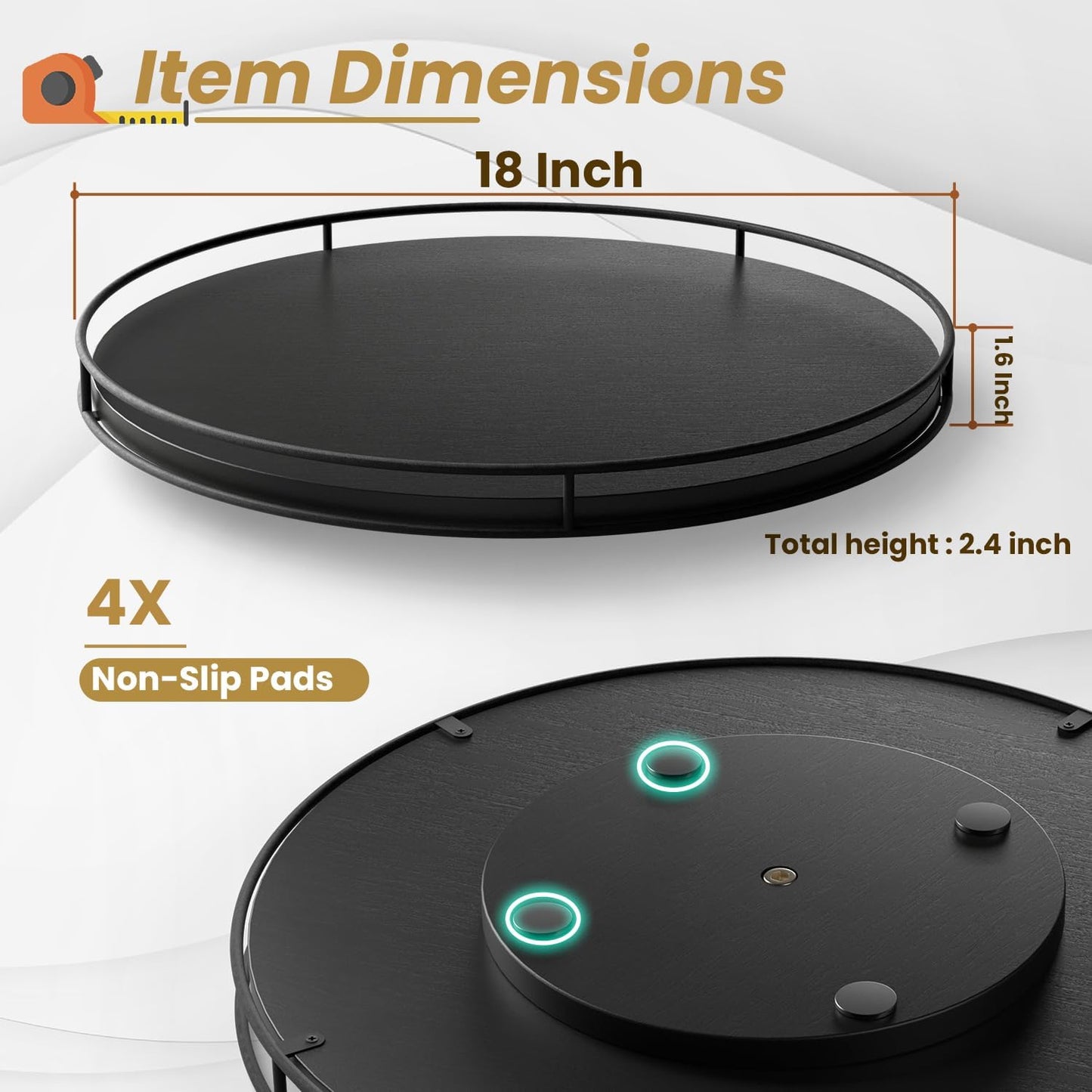 18" Acacia Wood Lazy Susan Turntable with Metal Frame for Table Top - Large Black Rotating Organizer Countertop Storage - Wooden Serving Tray for Charcuterie Cheese Board - Kitchen Counter